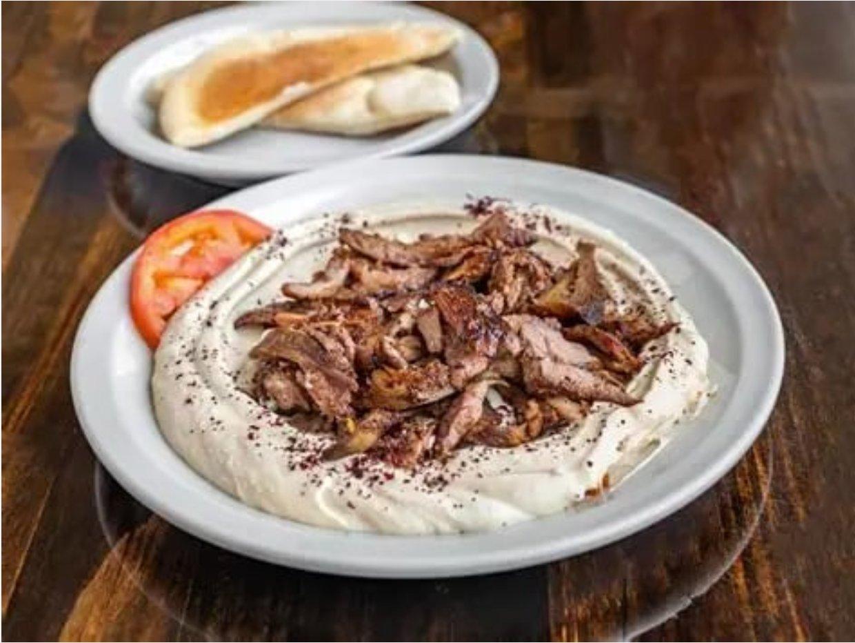 Hummus Topped with Beef Shawarma